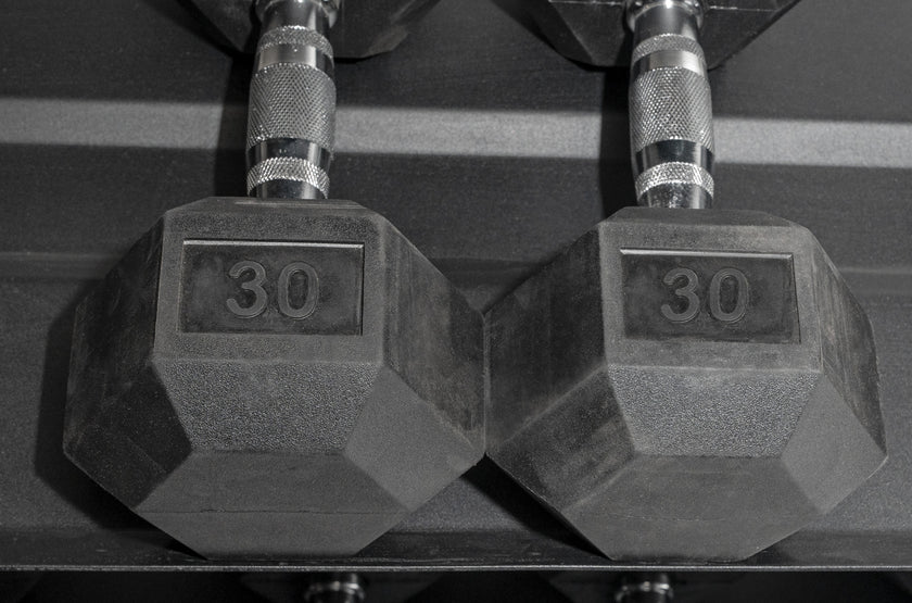 5-50 Rubber Hex Dumbbell Set with 4&#39; Storage Rack